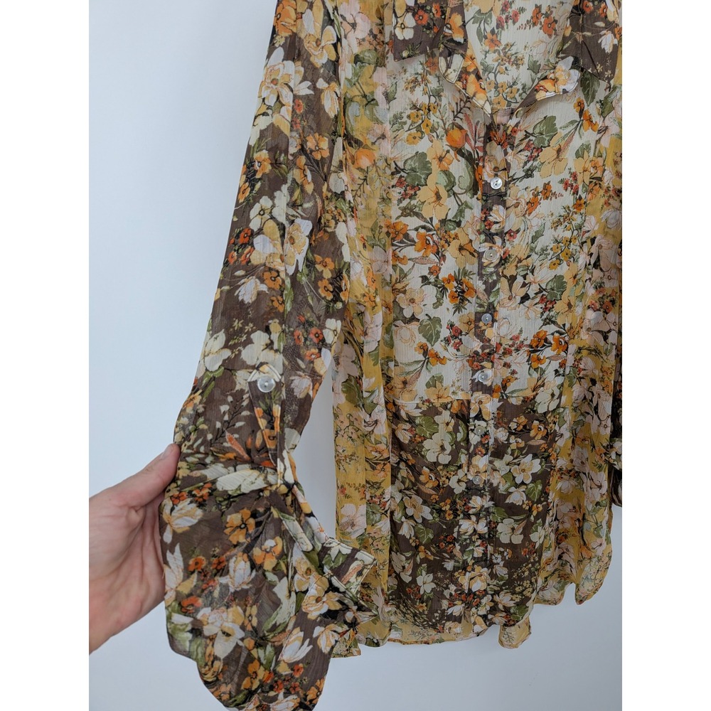 Figueroa & Flower Button Front Blouse Women XL Yellow Brown Floral Sheer Tunic - Picture 2 of 5